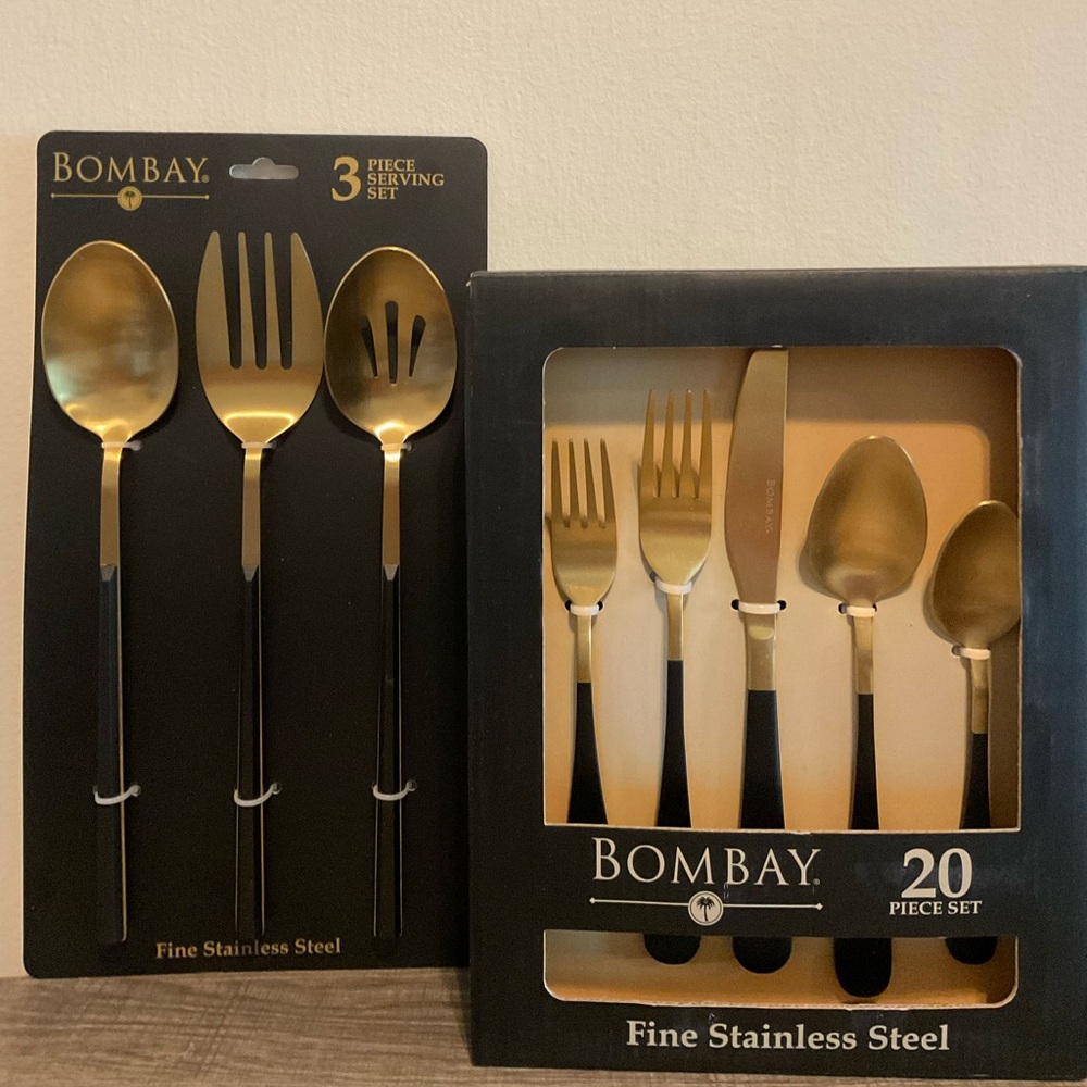 BOMBAY STAINLESS STEEL LUNA GOLD & BLACK 20pc.FLATWARE + 3pc. SERVING SET NWT